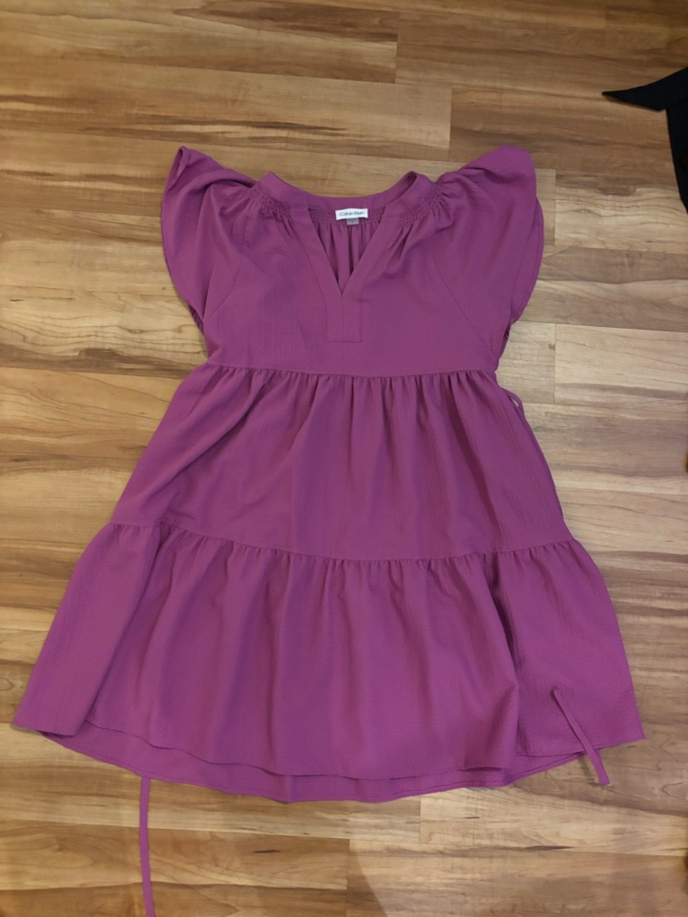 Calvin Klein Magenta Tiered Flutter Sleeve Midi Dress